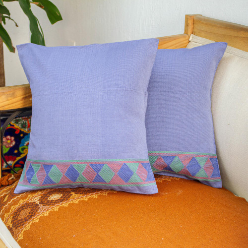 2 Handwoven Blue Cotton Cushion Covers w Purple Green 'Blue Maya Diamonds' 2 Handwoven Blue Cotton Cushion Covers w Purple Green 'Blue Maya Diamonds'