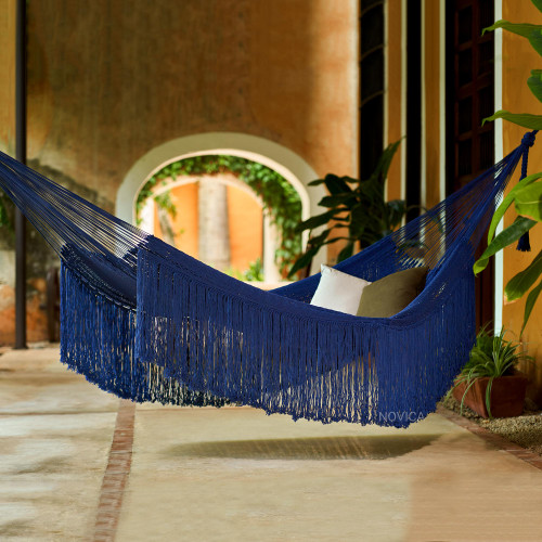 Fringed Navy Cotton Rope Hammock Double From Mexico 'Navy Cascade'