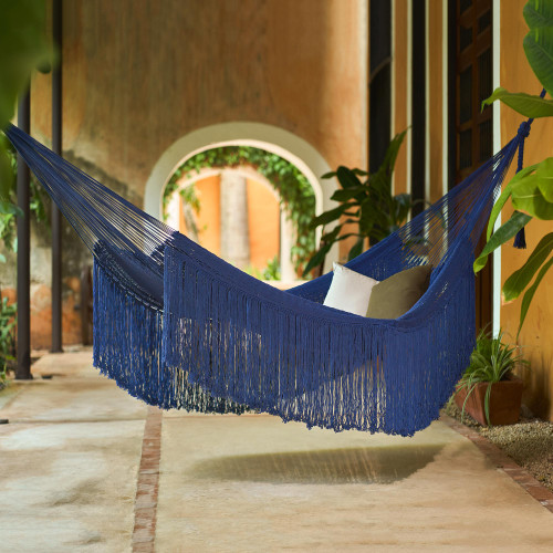 Fringed Navy Blue Cotton Hammock from Mexico Triple 'Navy Blue Cascade'