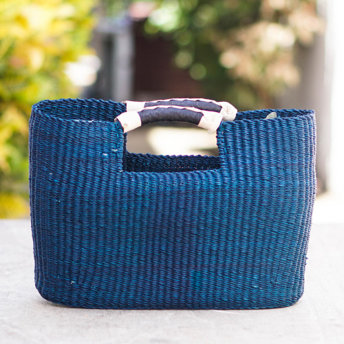 Blue Raffia and Leather Handle Handbag 'Saturday Market in Blue'