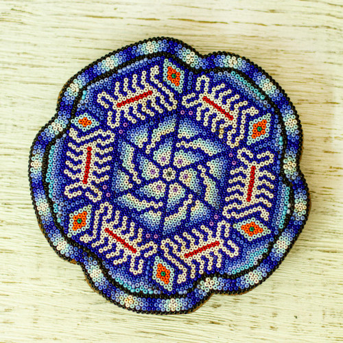 Handmade Huichol Beadwork Nierika Blue Scorpion Painting 'Scorpion Dancing'