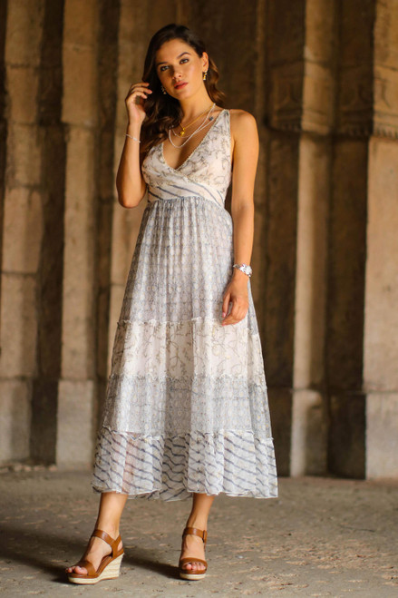 Block-Printed White Cotton A-Line Dress from Bali 'Elegant Forest'