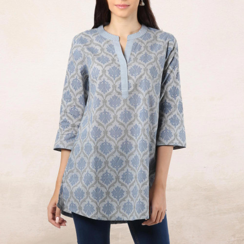 Printed Cotton Tunic in Ash from India 'Royal Ash Grey'