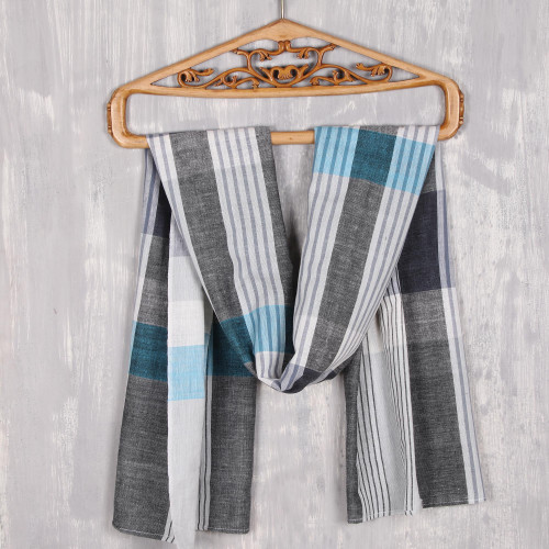 Patterned Blue and Grey Cotton Shawl from India 'Blissful Combination'