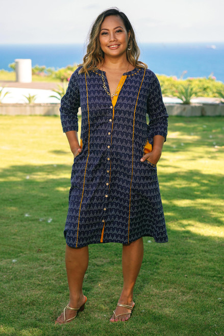 Navy Blue Print Cotton Shirtdress from India 'Pyramid Fantasy'