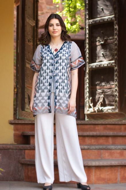 Block-Printed Cotton and Silk Blend Tunic 'Desert Mirage'