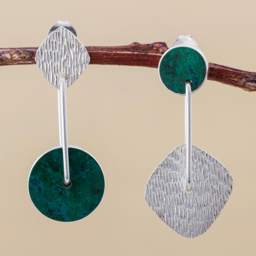 Unique Modern Sterling Silver Drop Chrysocolla Earrings 'Opposites Attract'