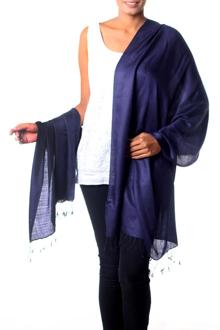 Silk Shawl Wrap Handwoven Collectible Solid Blue 'Night Sky'