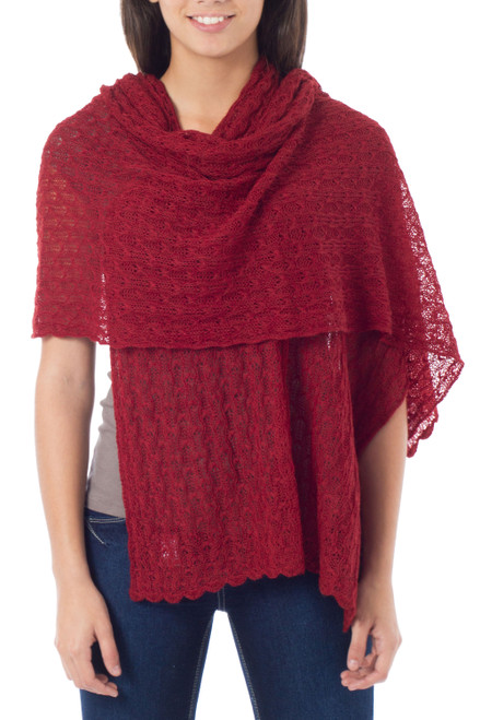 Alpaca Wool Solid Shawl 'Muse in Scarlet'