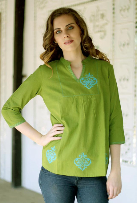 Collectible Women's Cotton Embroidered Blouse Top 'Goa Green'