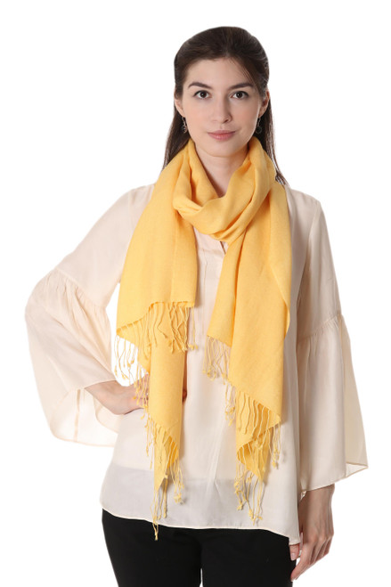 Woven Wool and Silk Blend Shawl in Maize from India 'Yellow Fanfare'