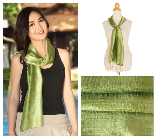 Handwoven Silk Scarf in Green from Thailand 'Jade Duality'