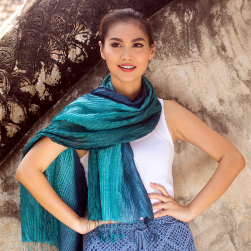 Hand Dyed Pin Tuck Silk Scarf 'Aqua Turquoise Transition'