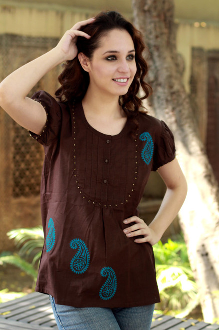 Hand Crafted Brow Cotton Paisley Cotton Blouse 'Chocolate Paisley'