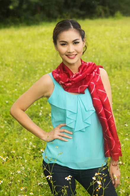 Red Silk Tie Dye Scarf from Thailand 'Red Mountains'