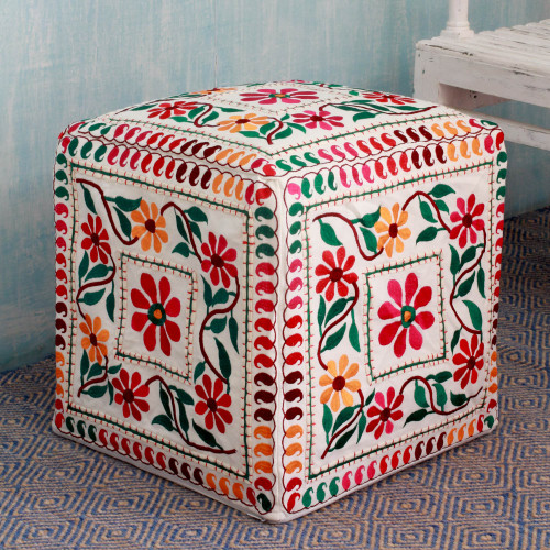 Multicolored Embroidery Square Ottoman Cover 'Barmer Blooms'