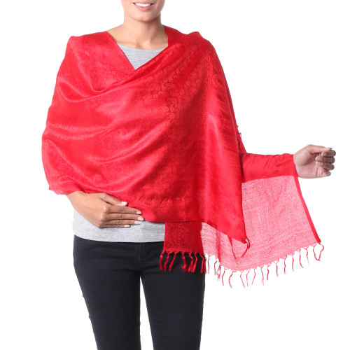 Scarlet Wrap Handcrafted Varanasi Silk Shawl India 'Woman in Red'