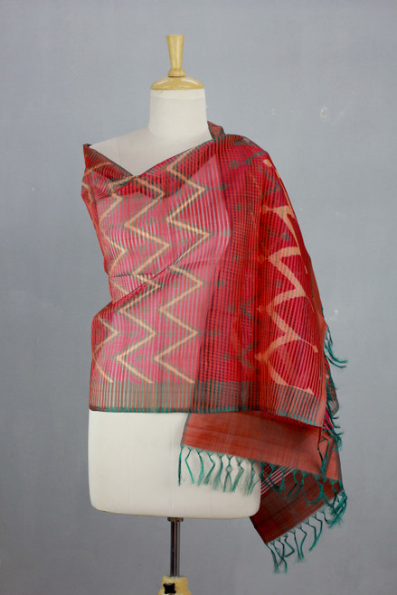 Red and Green Silk Shawl Wrap from India 'Scarlet Fantasy'