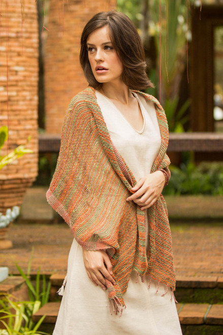 Thai Green and Orange Cotton Scarf 'Breezy Green and Ginger'