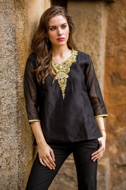 Dressy Black Beaded and Embroidered Cotton and Silk Tunic 'Midnight Princess'