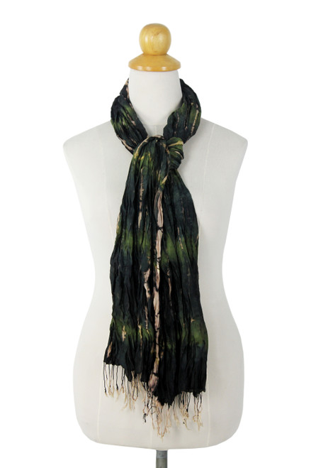 Green Crinkled Silk Scarf with Tie Dye Patterns 'Forest Mystique'