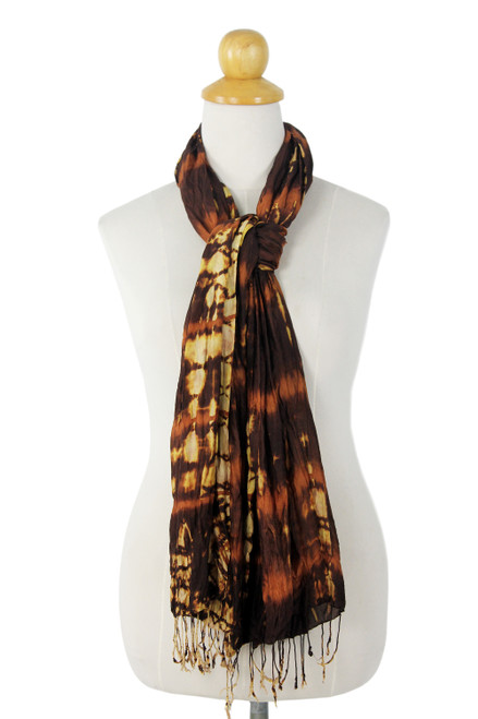 Brown Crinkled 100 Silk Scarf with Yellow Tie Dye Patterns 'Desert Mystique'