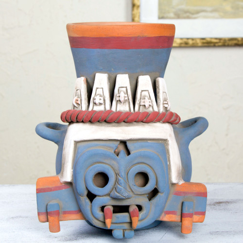 Handcrafted Archaeological Ceramic Aztec Sculpture 'God of Rain and Lightning'