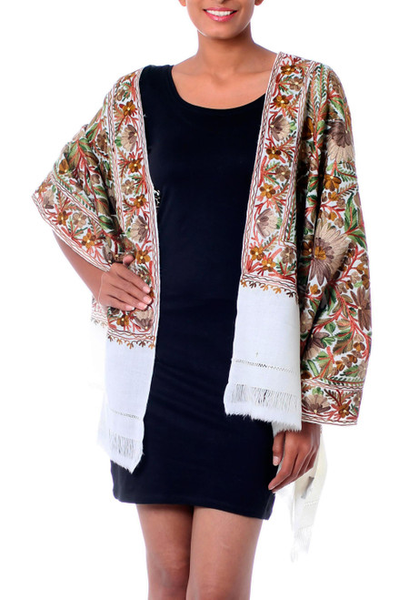 White Wool Shawl with Green Chain Stitch Floral Embroidery 'Olive Grove'