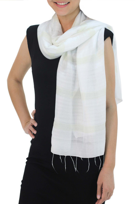 Hand Woven Cotton and Silk Blend Scarf from Thailand 'Creamy White Harmony'