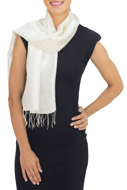 Flowers on Cream Color Scarf from Thailand 'Champagne Bouquet'