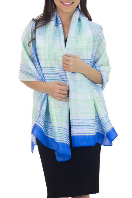 Blue and White Handcrafted Silk Blend Shawl with Green 'Cool Blue Plaid'