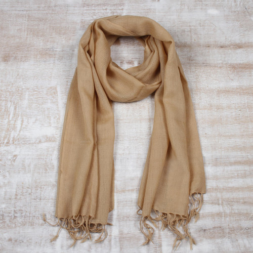 Men's Tan Lightweight Tan Wool Scarf from India 'Kashmiri Tan'