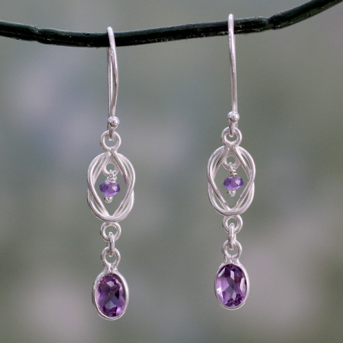 India Artisan Crafted Amethyst and Silver Earrings 'Violet Knot'