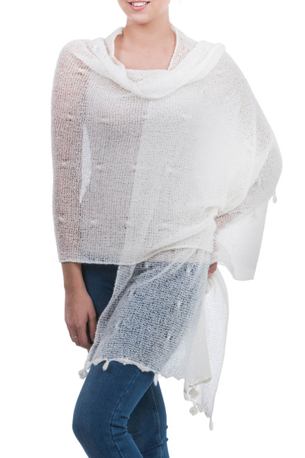 Sheer Knitted Off White Alpaca Blend Shawl 'Gossamer Ivory Stars'