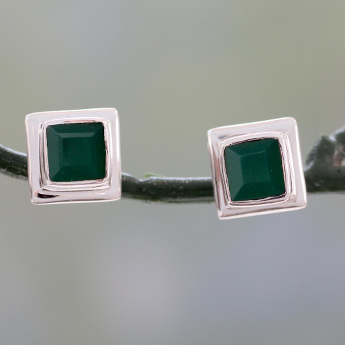 Enhanced Green Onyx Stud Earrings in 925 Silver 'Contemporary Squared'