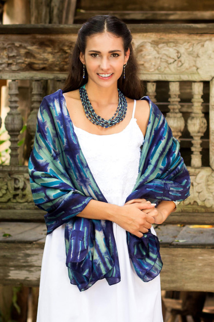 Blue and Green Tie Dyed All Silk Shawl from Thai Artisan 'Chao Phraya River'