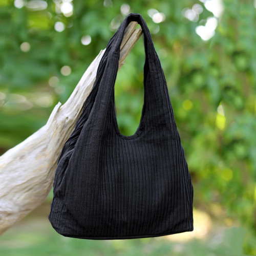 100 Cotton Textured Shoulder Bag in Black from Thailand 'Thai Texture in Black'