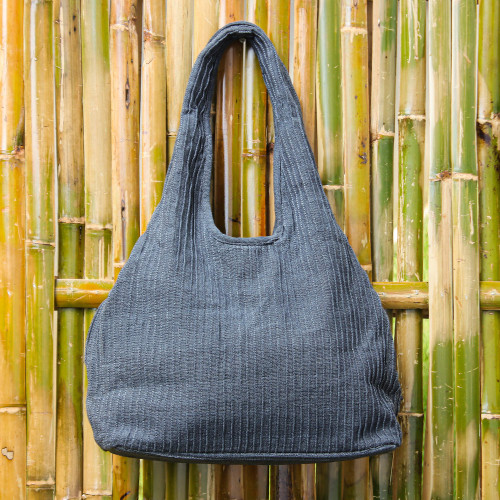 100 Cotton Textured Shoulder Bag in Taupe from Thailand 'Thai Texture in Taupe'