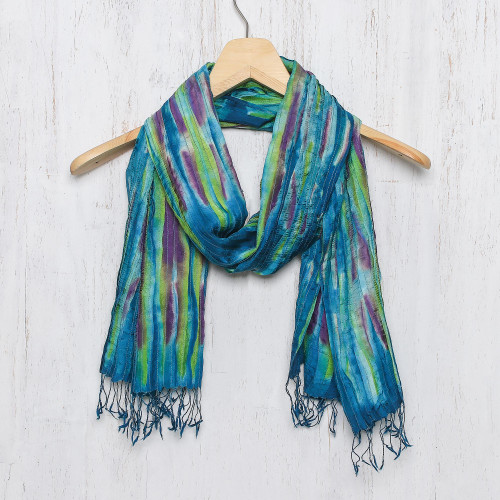 Hand Woven Fringed Silk Scarf in Multicolor from Thailand 'Enchanting Love'