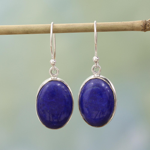 Sterling Silver Lapis Lazuli Dangle Earrings from India 'Oval Seas'
