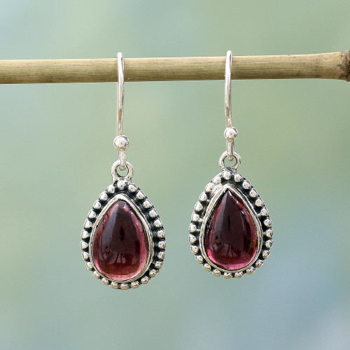 Sterling Silver and Garnet Drop Shape Dangle Earrings 'Radiant Dewdrops'