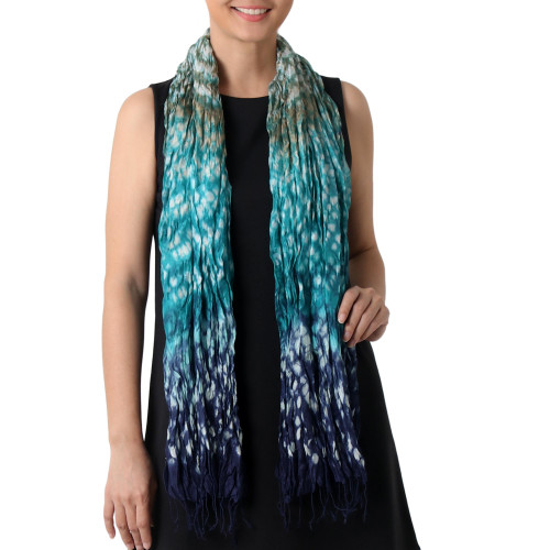 Rayon Silk Blend Scarf Tie Dye Blue and Teal from Thailand 'Rainwater'