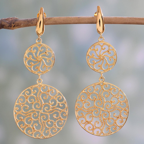 22k Gold Plated Sterling Silver Dangle Earrings from India 'Golden Waves'