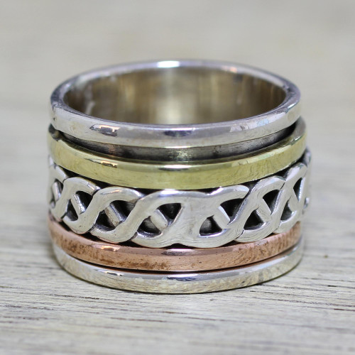 Sterling Silver Copper and Brass Spinner Ring from India 'Spinning Braid'