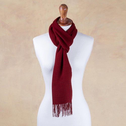 Rich Red Patterned Scarf Knit in Alpaca and Pima Cotton 'Apple Rose'