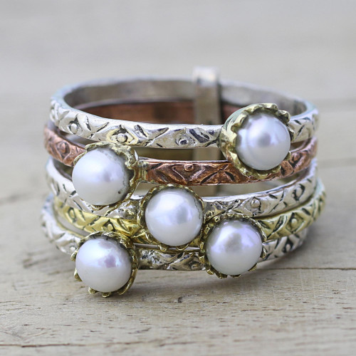 Cultured Pearl and Sterling Silver Ring from India 'Alluring Globes in White'