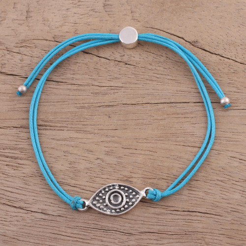 Sterling Silver Eye Pendant Bracelet in Sky Blue from India 'Alluring Eye in Sky Blue'