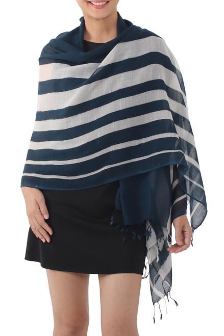 Handwoven Striped Cotton Shawl in Navy from Thailand 'Cool Stripes in Navy'