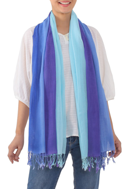 Striped Cotton Wrap Scarves in Blue from Thailand Pair 'Seaside Breeze'