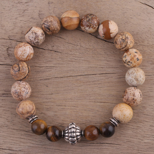 Jasper and Tiger's Eye Beaded Stretch Bracelet from India 'Flavors of the Earth'